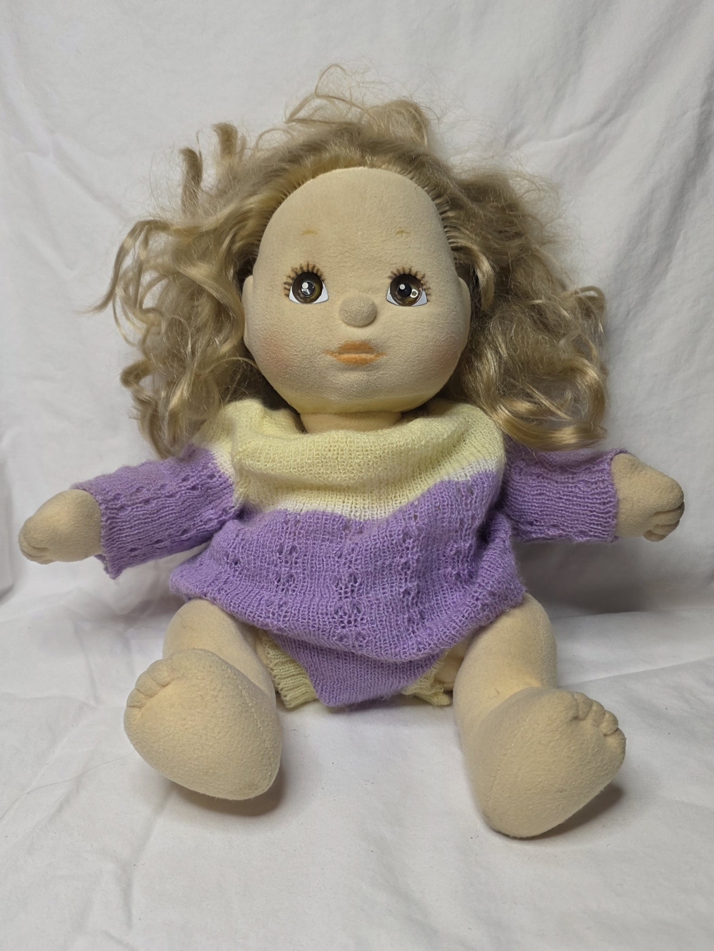 Vintage 1985 Mattel My Child Doll Blonde Curly Hair Brown Eyes Purple Sweater